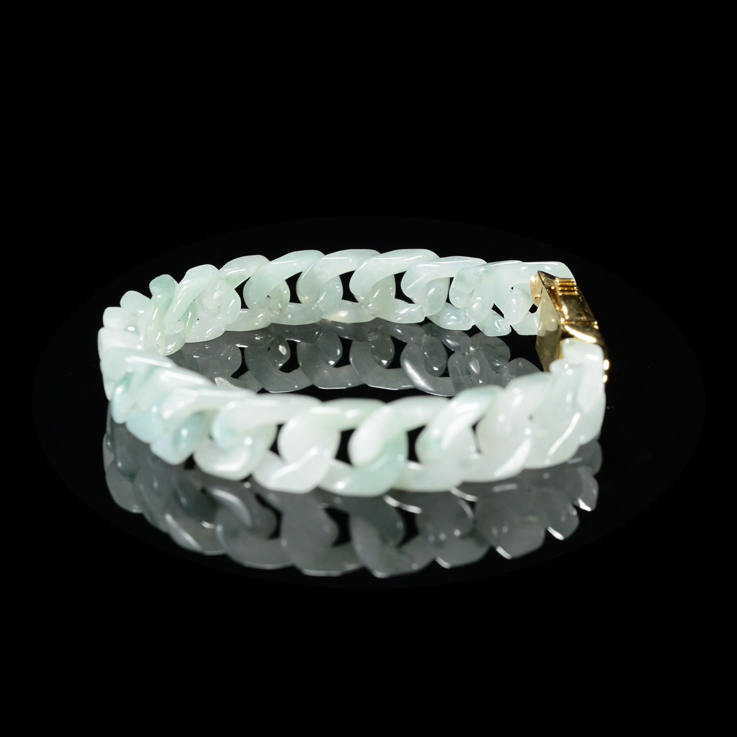 This is the only one white jade Cuban bracelet with green floating flowers（Copper gold-plated inlay）