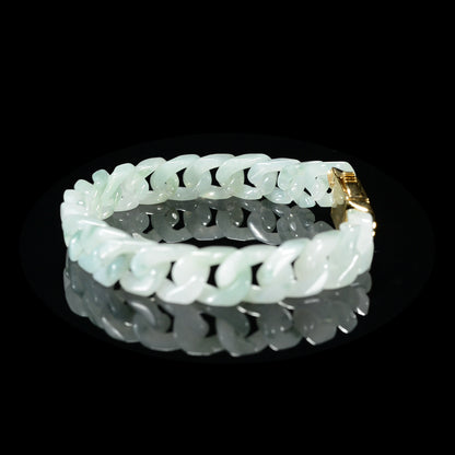 This is the only one white jade Cuban bracelet with green floating flowers（Copper gold-plated inlay）