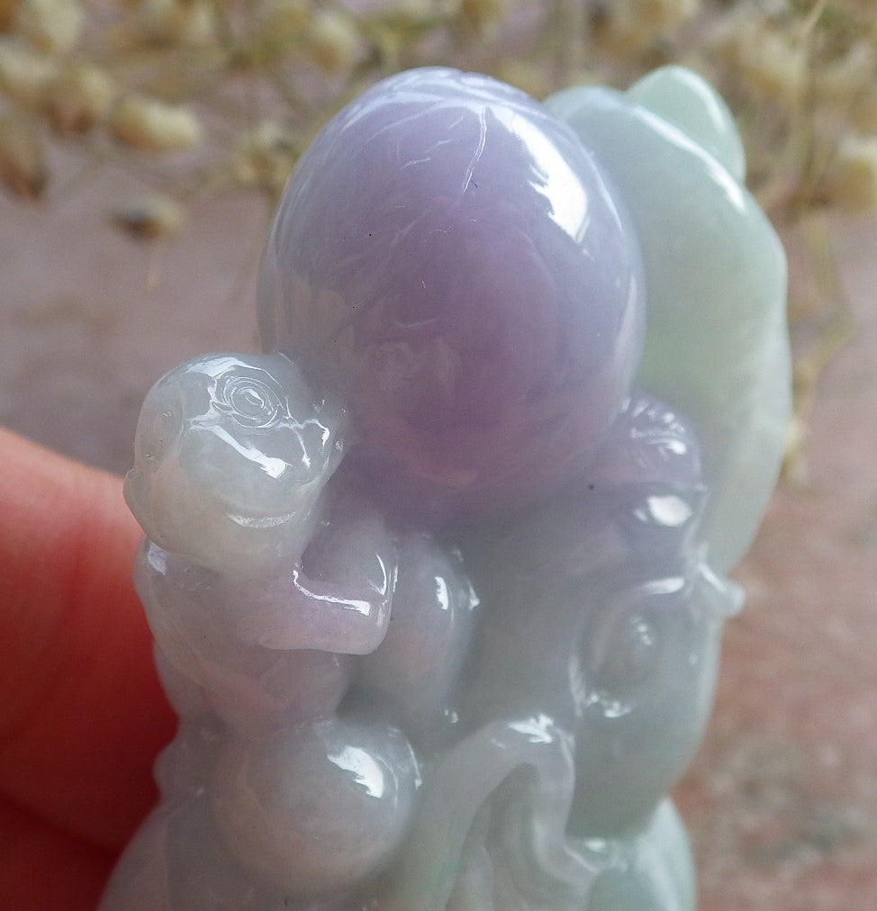 Certified Green Lavender Burma 100% Natural A Jade jadeite Display Elephant Monkey Peach 封侯拜相 595708  TN