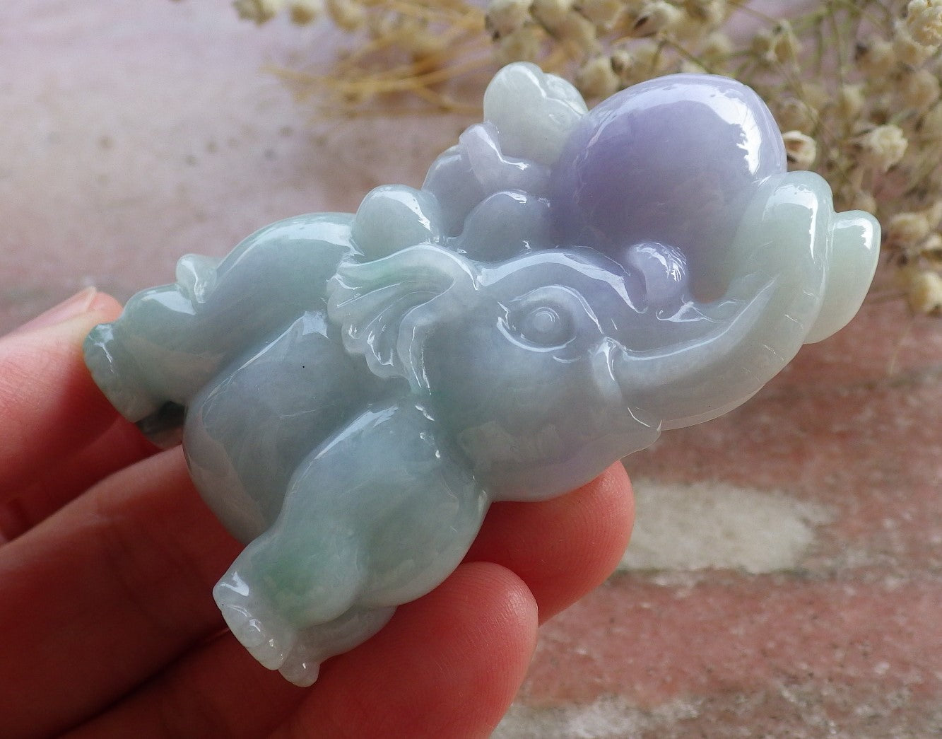 Certified Green Lavender Burma 100% Natural A Jade jadeite Display Elephant Monkey Peach 封侯拜相 595708  TN