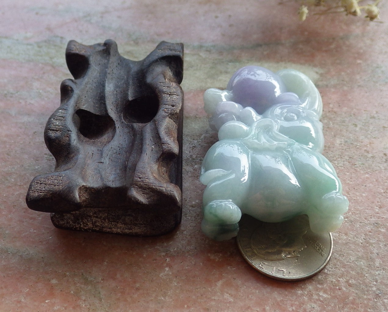 Certified Green Lavender Burma 100% Natural A Jade jadeite Display Elephant Monkey Peach 封侯拜相 595708  TN