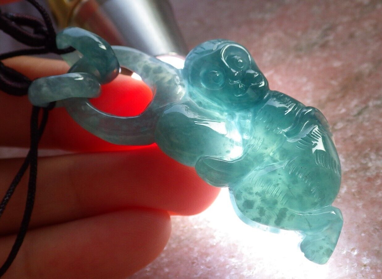 Certified Icy Green Burma 100% Natural A Jade jadeite Pendant Monkey Peach W Ring 猴子 645763 TN