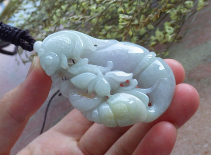 Certified Green Burma 100% Natural A Jade jadeite Pendant Fish Sea Shell Lotus Flower Necklace 574225 TN
