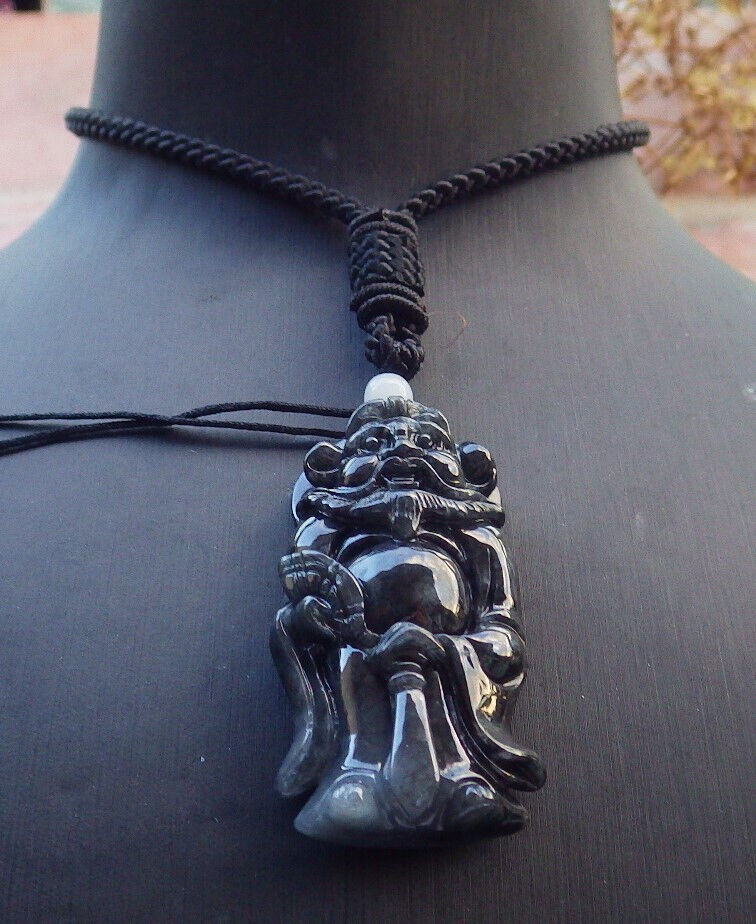 Certified Black Burma 100% Natural A Jade jadeite pendant Zhong Kui God Sword Fan Necklace 钟馗 633163  TN