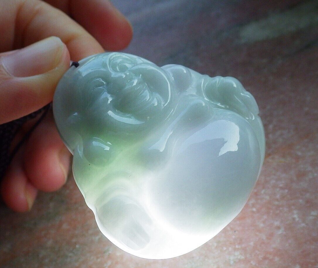 Certified Green Pale Lavender Burma 100% Natural A Jade jadeite pendant Happy Buddha God Necklace 开心佛 574390 TN