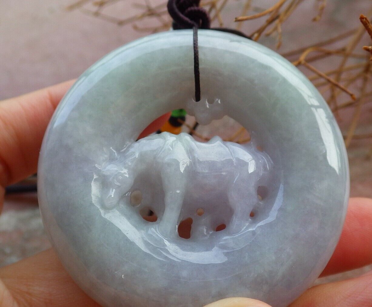 Certified Lavender Green 100% Natural A Jade jadeite pendant Cow Ox Circle Necklace 风水牛 526223  TN