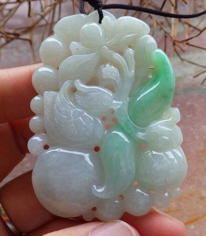 Certified Green 100% Natural A Jade jadeite Pendant Mandarin Duck Phoenix Lotus Flower Ruyi Necklace 鸳鸯 528863  TN