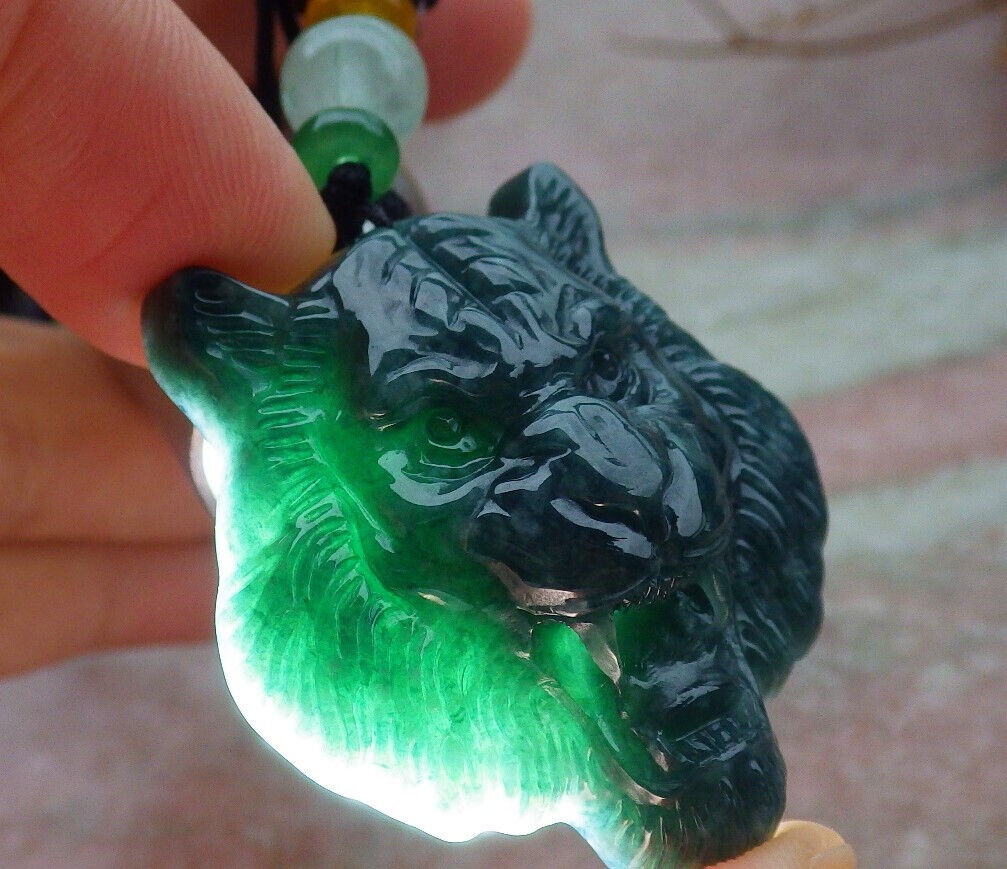 Certified Icy Blue Water Burma 100% Natural A Jade jadeite Pendant Tiger Head Necklace 虎虎生威 635303  TN
