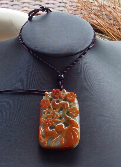 Certified Red Green 100% Natural A Jade jadeite Pendant Deer Flower Necklace 梅花鹿 529530  TN