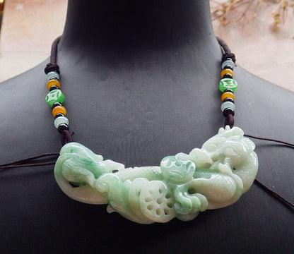 Certified Green Burma 100% Natural A Jade jadeite Pendant Dragon Bead Necklace 生意兴隆 635341  TN