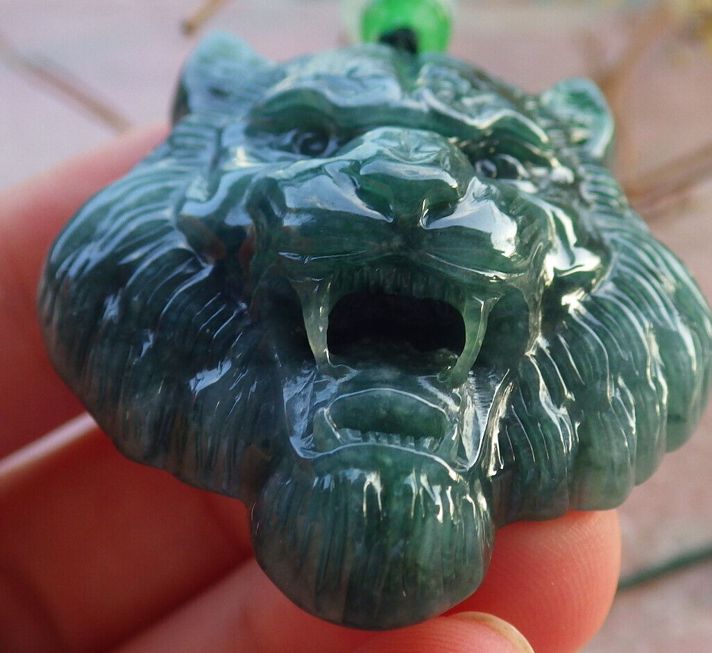 Certified Icy Green Burma 100% Natural A Jade jadeite Pendant Tiger Head Necklace 虎虎生威 634320  TN