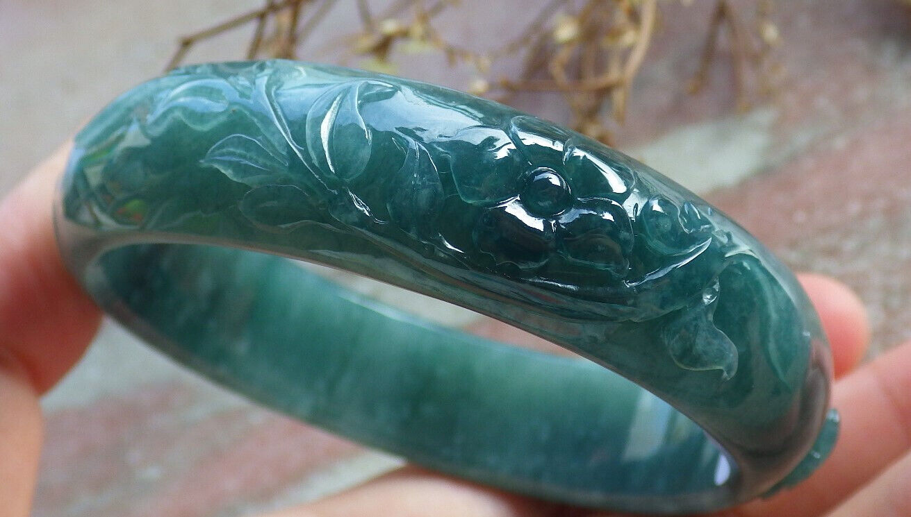 Certified Icy Blue Water Green Burma 100% Natural A JADE Jadeite Phoenix Flower Bangle Bracelet 55 mm 手镯 635126  AS