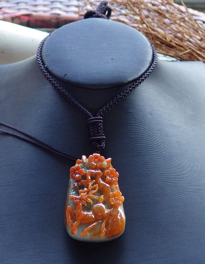 Certified Red Green 100% Natural A Jade jadeite Pendant Deer Flower Necklace 梅花鹿 529224  TN