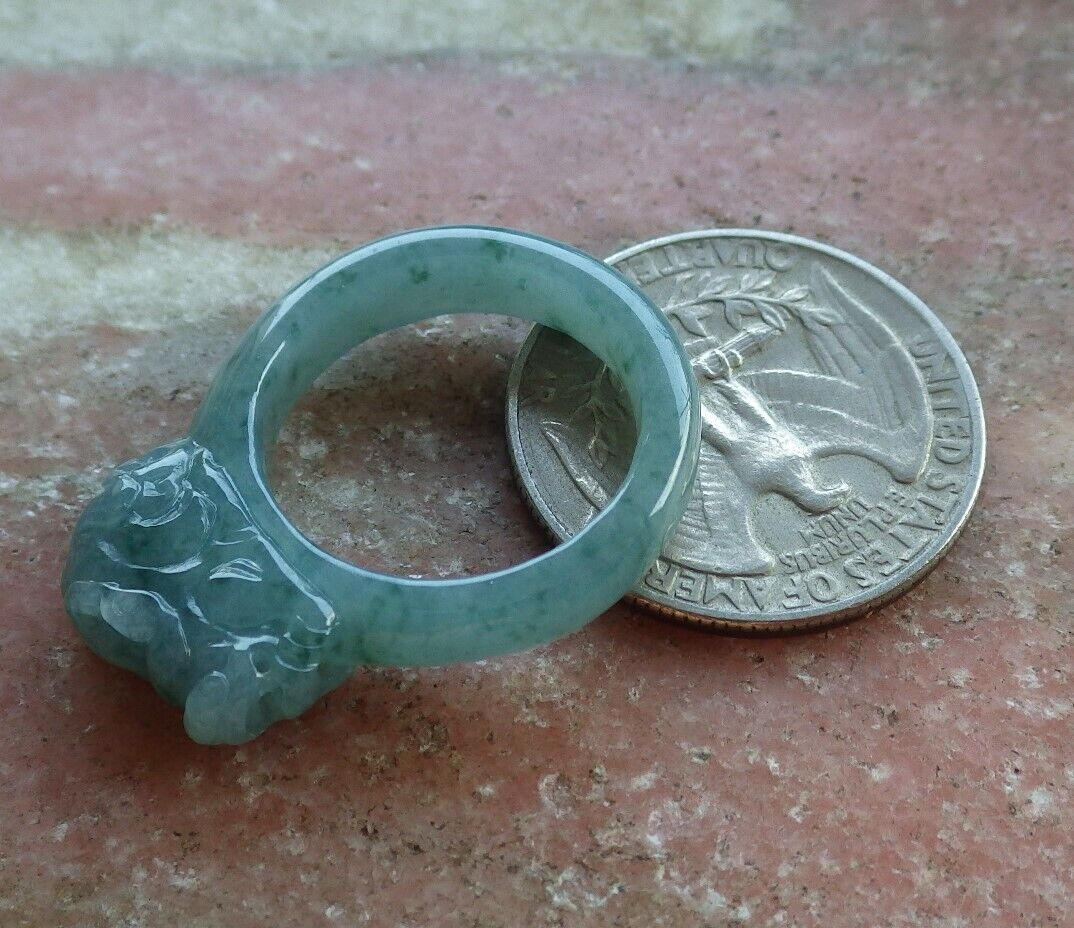 Certified Icy Green 100% Natural A JADE Jadeite Dragon Pi Xiu RING USA. 7.25 风水貔貅戒指 530069  TN