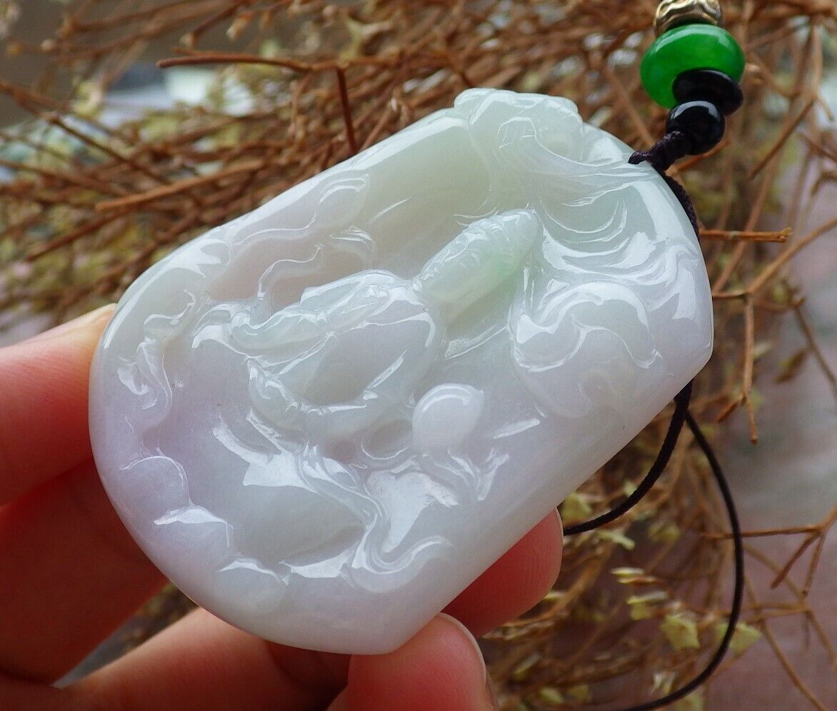 Certified Green Pale Lavender 100% Natural A Jade jadeite Pendant Guanyin Kwan Yin Phoenix Lotus Flower Necklace 观音 525022  TN