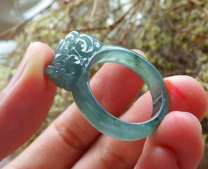 Certified Icy Green 100% Natural A JADE Jadeite Dragon Pi Xiu RING USA. 8.75 戒指 523786  TN