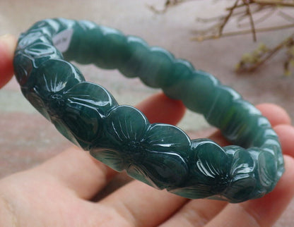 Certified Icy Blue Water Green Burma 100% Natural A JADE Jadeite Flower Bangle Bracelet 64 mm 635331  TN