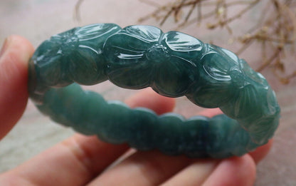 Certified Icy Green Burma 100% Natural A JADE Jadeite Flower Bangle Bracelet 55 mm 635451  AS
