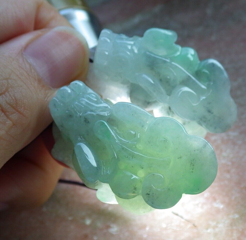 Pair Certified Green Burma 100% Natural A Jade jadeite Pendant Dragon Pi Xiu Coin Money Coin Necklace 风水貔貅 574130 TN