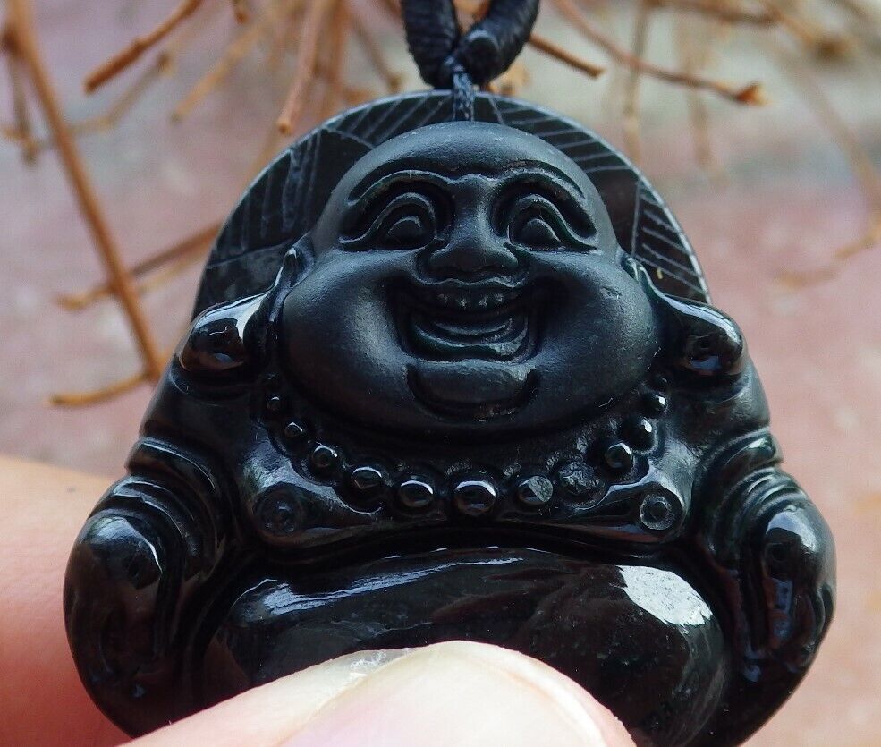 Certified Black Green 100% Natural A Jade jadeite pendant Happy Buddha God Necklace 墨翠 佛公 528926  TN