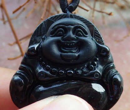 Certified Black Green 100% Natural A Jade jadeite pendant Happy Buddha God Necklace 墨翠 佛公 528926  TN