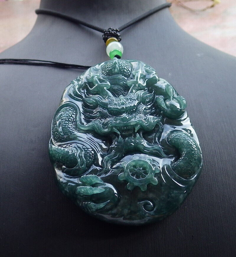 Certified Icy Green Burma 100% Natural A Jade jadeite Pendant Dragon Bead Necklace 生意兴隆 633320  TN