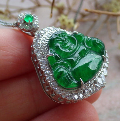 Icy Green Silver 925 Certified Burma 100% Natural A JADE Jadeite pendant Happy Buddha God Necklace 佛公 635249  TN