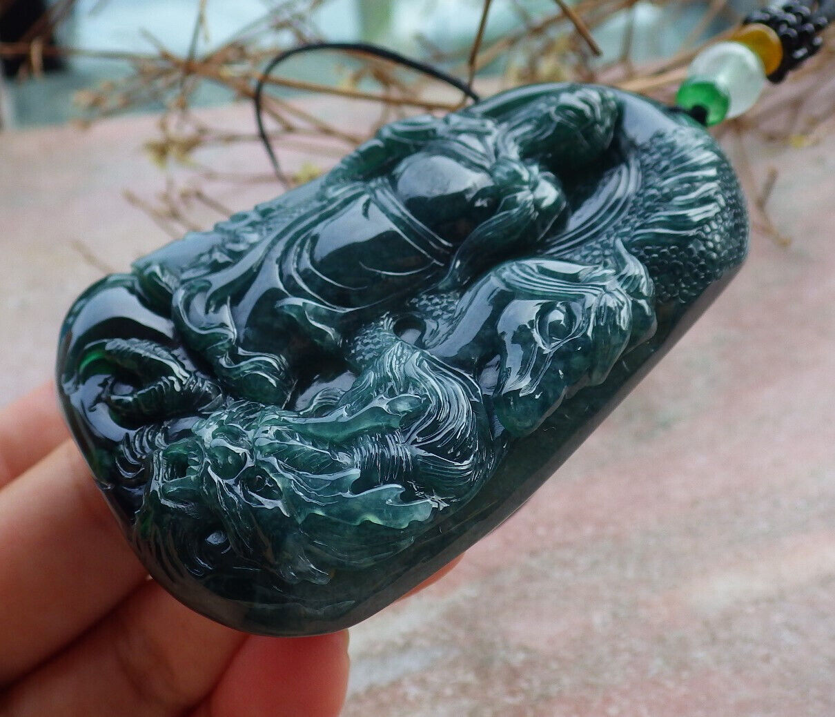 Certified Icy Green Burma 100% Natural A Jade jadeite pendant Guan Gong God Dragon Horse Sword Necklace 关公 635214  TN