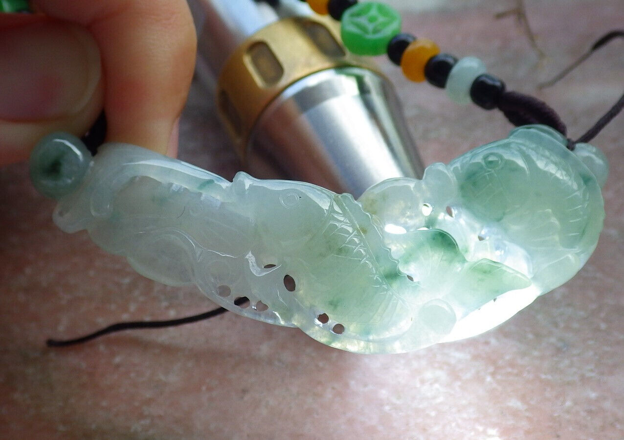 Certified Icy Green Burma 100% Natural A Jade jadeite Pendant Fish Lotus Leaf Necklace 年年有余 632943  TN