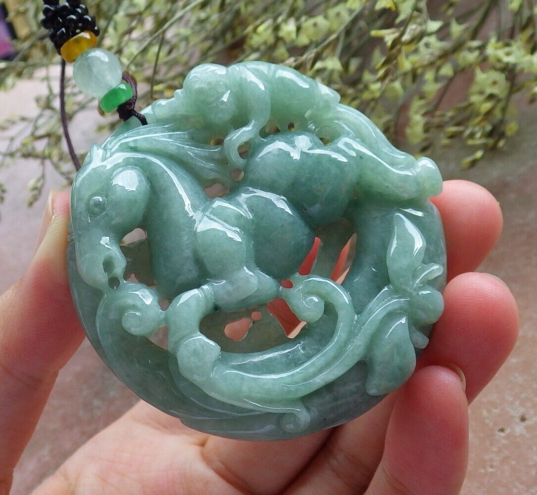 Certified Green Burma 100% Natural A Jade jadeite Pendant Horse Monkey Lotus Flower Necklace 573750 TN