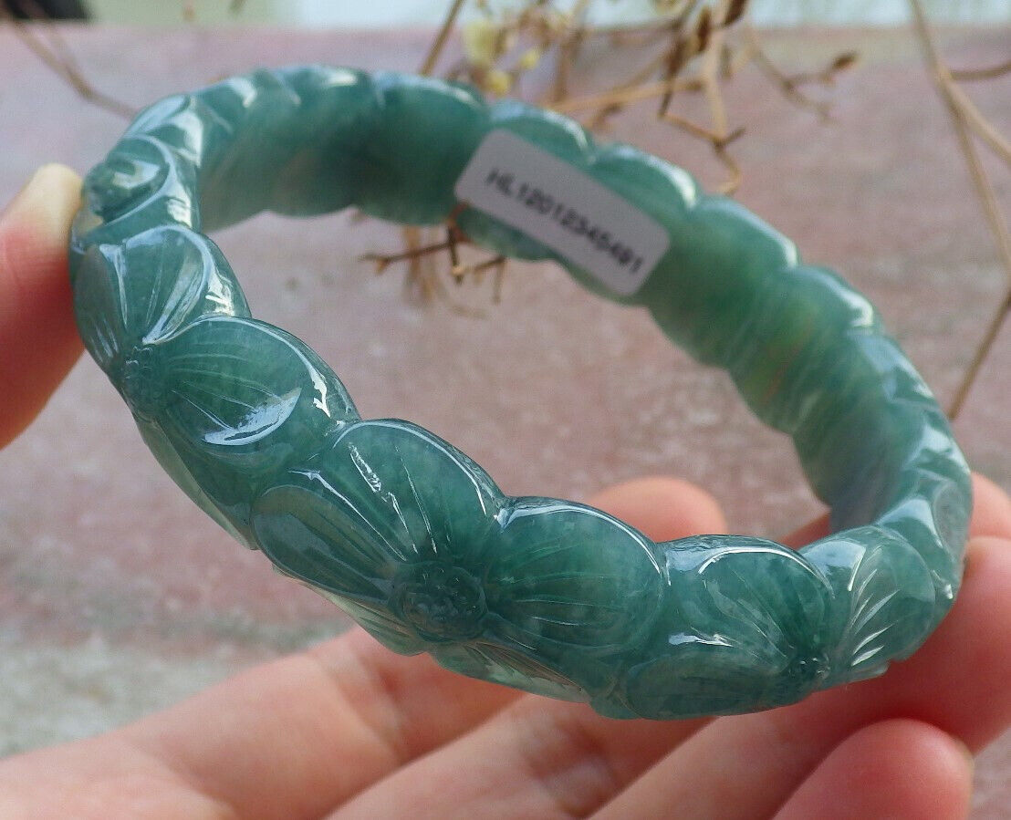 Certified Icy Green Burma 100% Natural A JADE Jadeite Flower Bangle Bracelet 57 mm 手镯 634192  TN