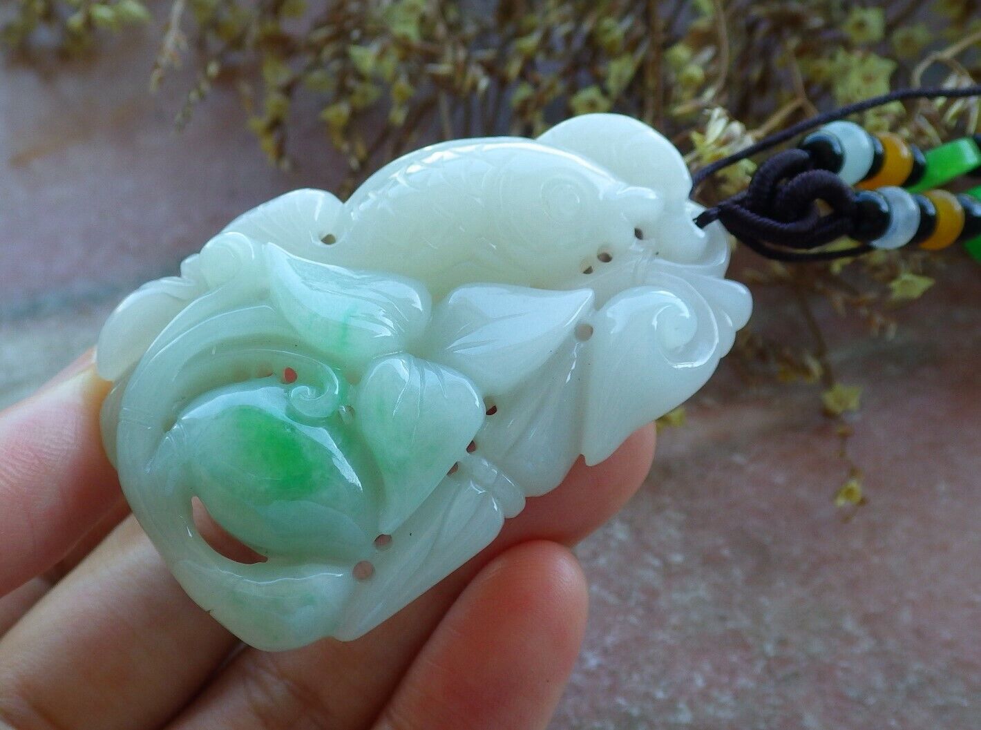 Certified Green 100% Natural A Jade jadeite Pendant Fish Lotus Flower Ruyi Coin Necklace 年年有余  529799   TN