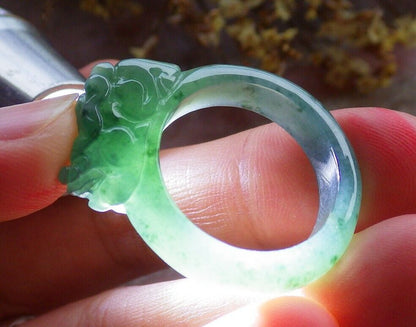 Certified Icy Green 100% Natural A JADE Jadeite Dragon Pi Xiu RING USA. 8.75 戒指 523807  TN