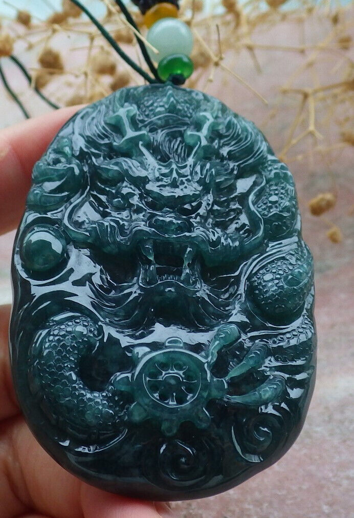 Certified Icy Green Burma 100% Natural A Jade jadeite Pendant Dragon Bead Necklace 生意兴隆 636328  TN