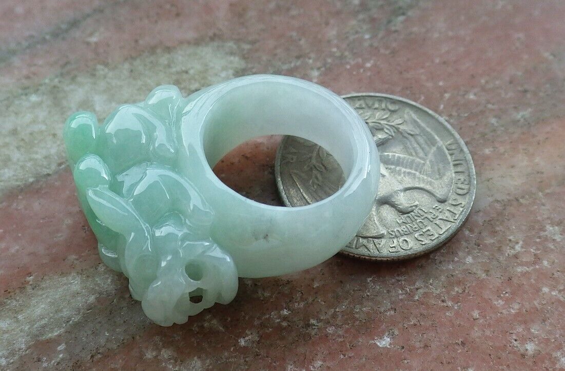 Certified Green Pale Lavender 100% Natural A JADE Jadeite Dragon Pi Xiu Lotus Flower Ruyi RING USA. 5.25 戒指 523568  TN