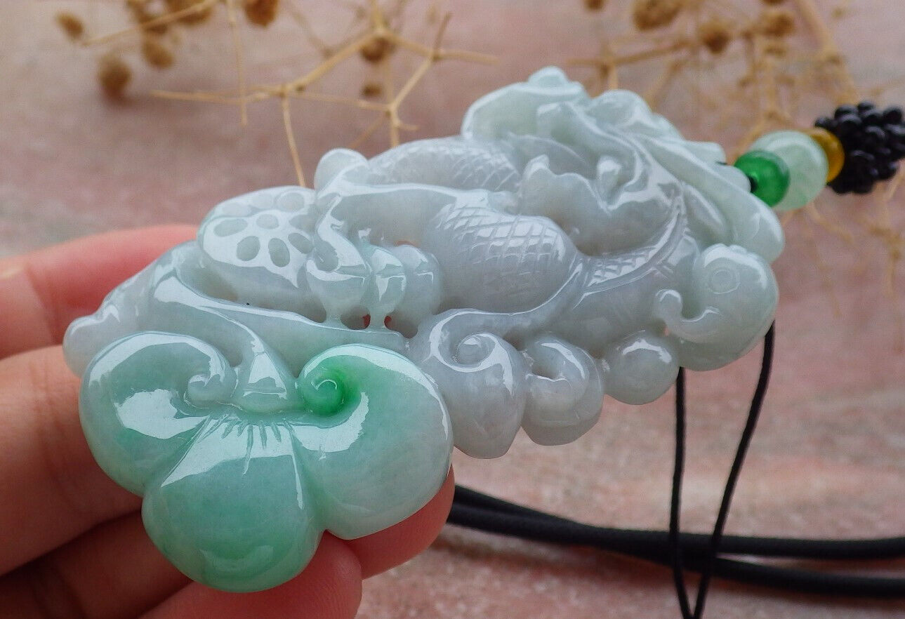Certified Green Burma 100% Natural A Jade jadeite Pendant Dragon Ruyi Necklace 生意兴隆 636707  TN