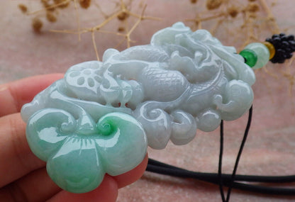 Certified Green Burma 100% Natural A Jade jadeite Pendant Dragon Ruyi Necklace 生意兴隆 636707  TN