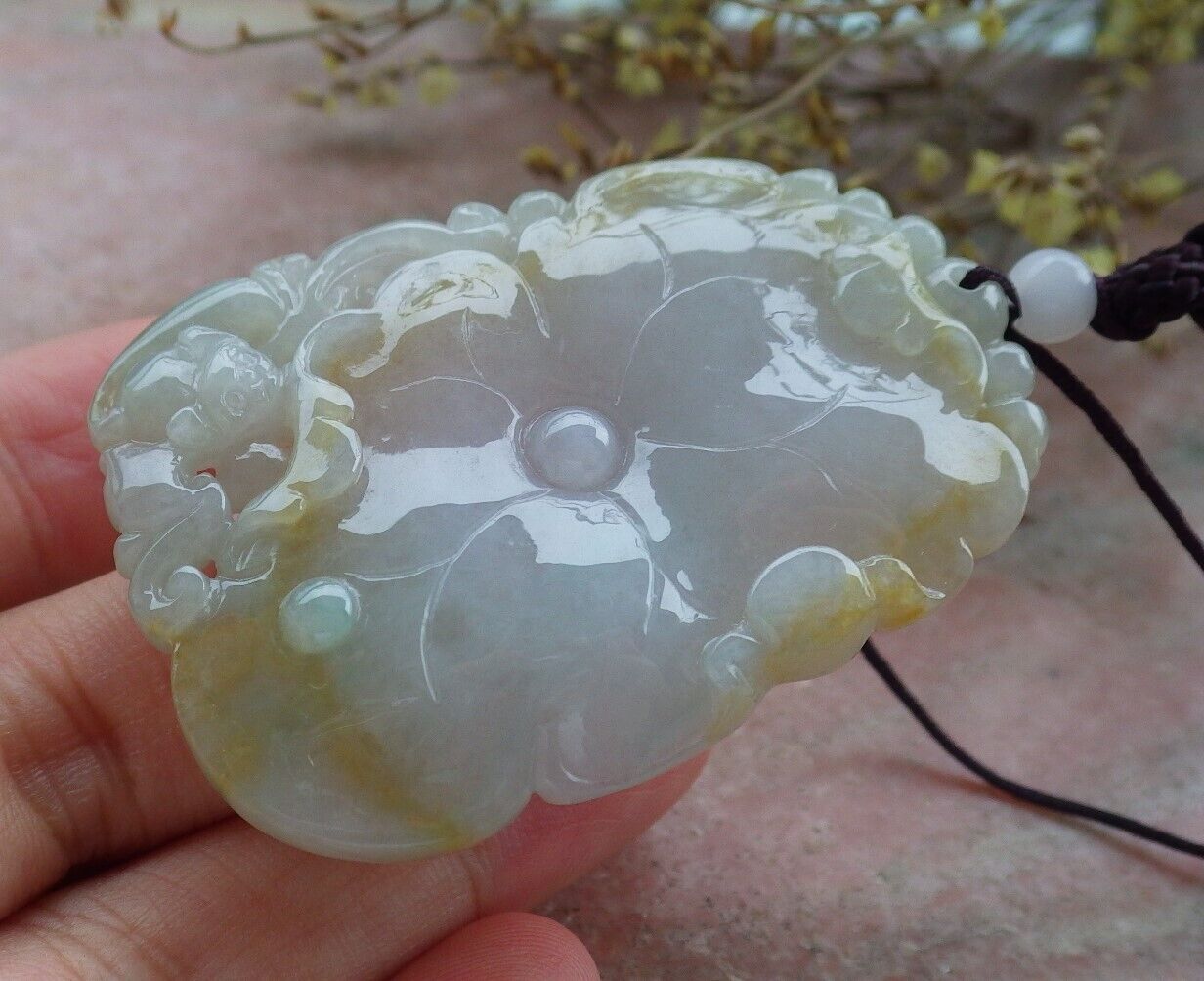 Certified Green Yellow Burma 100% Natural A Jade jadeite Pendant Bat Lotus Leaf Necklace 蝙蝠 575048 TN