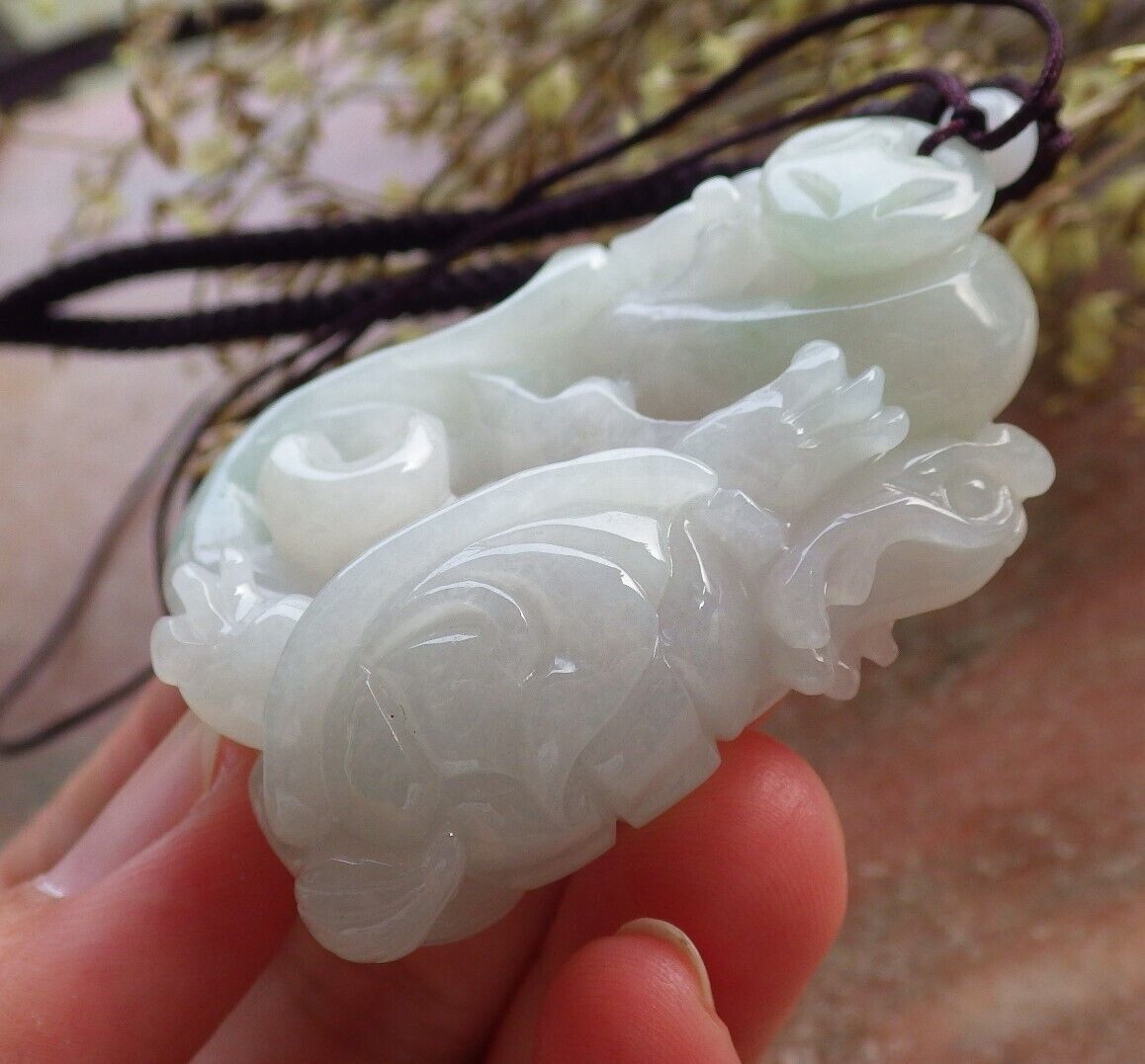Certified Icy Green Pale Lavender Burma 100% Natural A Jade jadeite Pendant Dragon Turtle Ruyi Coin Necklace 龙龟 574488 TN