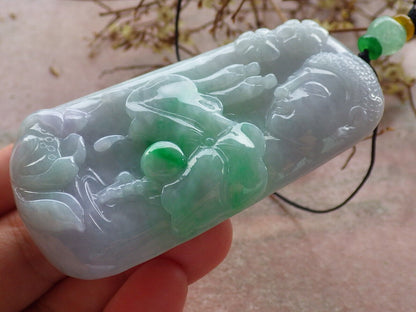 Certified Green Pale Lavender Burma 100% Natural A Jade jadeite pendant Sakyamuni Buddha God Lotus Flower Leaf Necklace 释迦牟尼 633589  TN