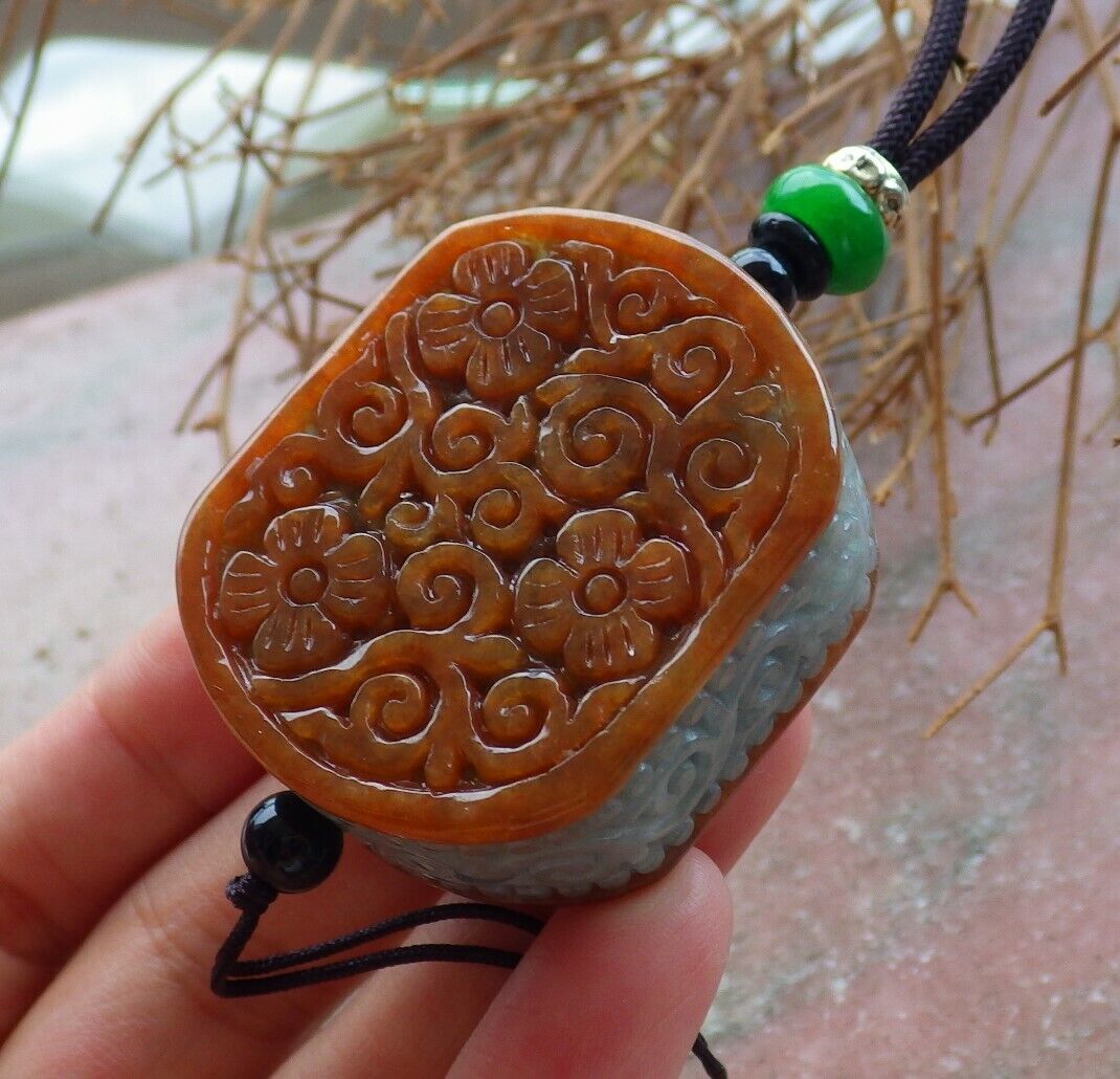 Certified Brown Red Green 100% Natural A Jade jadeite Pendant Flower Ruyi Rectangle Necklace 花平安牌 523664  TN