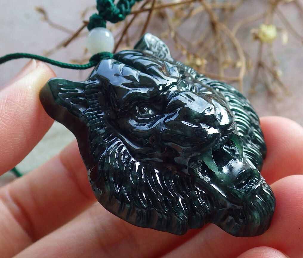Certified Icy Blue Water Burma 100% Natural A Jade jadeite Pendant Tiger Head Necklace 虎虎生威 635059  TN