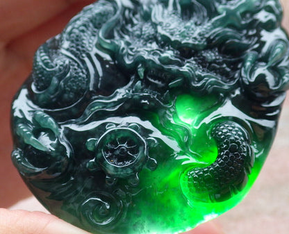 Certified Icy Green Burma 100% Natural A Jade jadeite Pendant Dragon Bead Necklace 生意兴隆 636353  TN