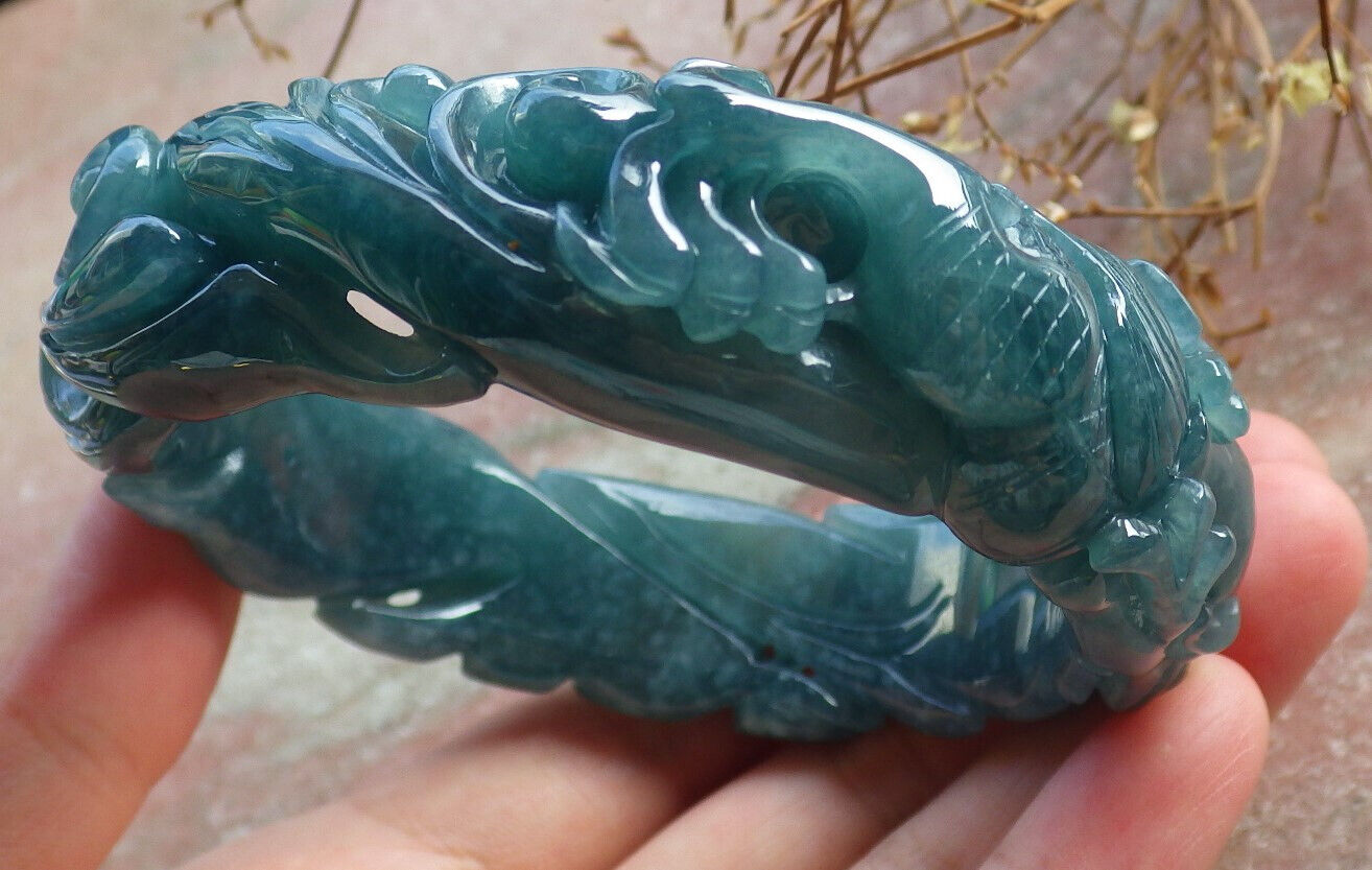 Certified Icy Blue Water Green Burma 100% Natural A JADE Jadeite Dragon Bangle Bracelet 60 mm 手镯 635086  AS