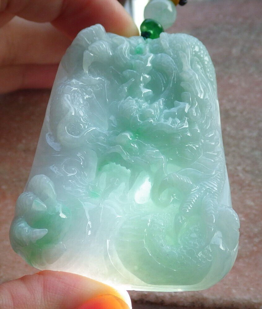 Certified Green Burma 100% Natural A Jade jadeite Pendant Dragon Bead Necklace 生意兴隆 633799  TN