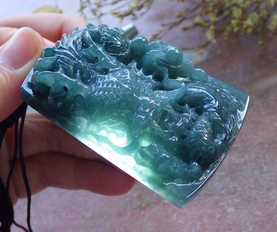 Certified Icy Green Burma 100% Natural A Jade jadeite Pendant Dragon Bead 生意兴隆 574895 TN