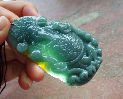 Certified Icy Green Yellow Burma 100% Natural A Jade jadeite Pendant Money God Yuan Bao Coin Ruyi Necklace 财神 574756 TN