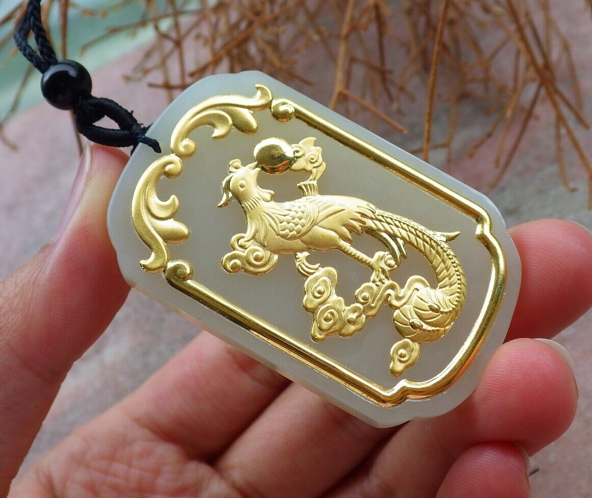 Certified 24K Yellow Gold Filled Hetian nephrite jade 100% A Natural Phoenix Rectangle Bead Necklace 凤凰牌 520692  TN