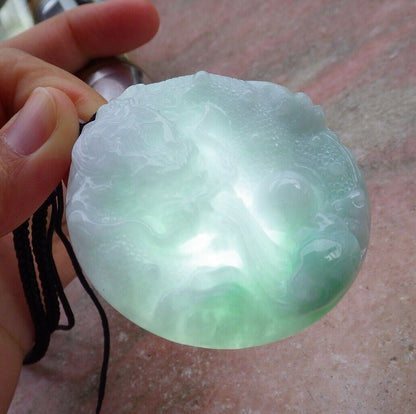 Certified Green 100% Natural A Jade jadeite pendant Dragon Lotus Flower Ruyi Bead Necklace 生意兴隆 520825   TN
