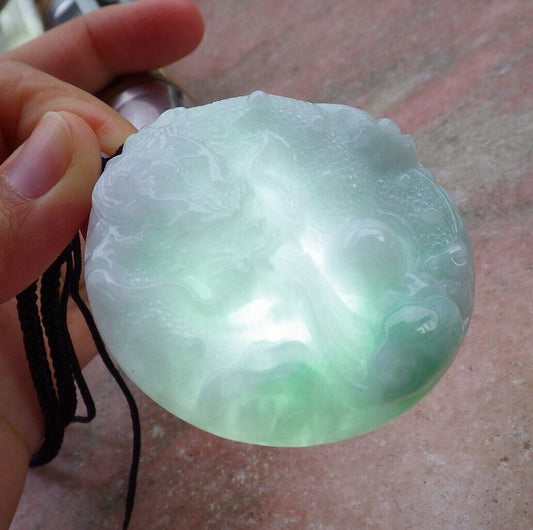 Certified Green 100% Natural A Jade jadeite pendant Dragon Lotus Flower Ruyi Bead Necklace 生意兴隆 520825   TN